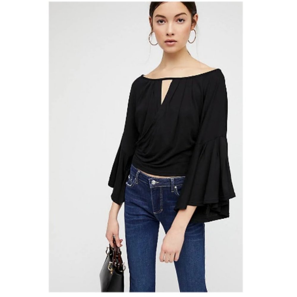 FREE PEOPLE Womens Keyhole Bell-Sleeve Blouse L
